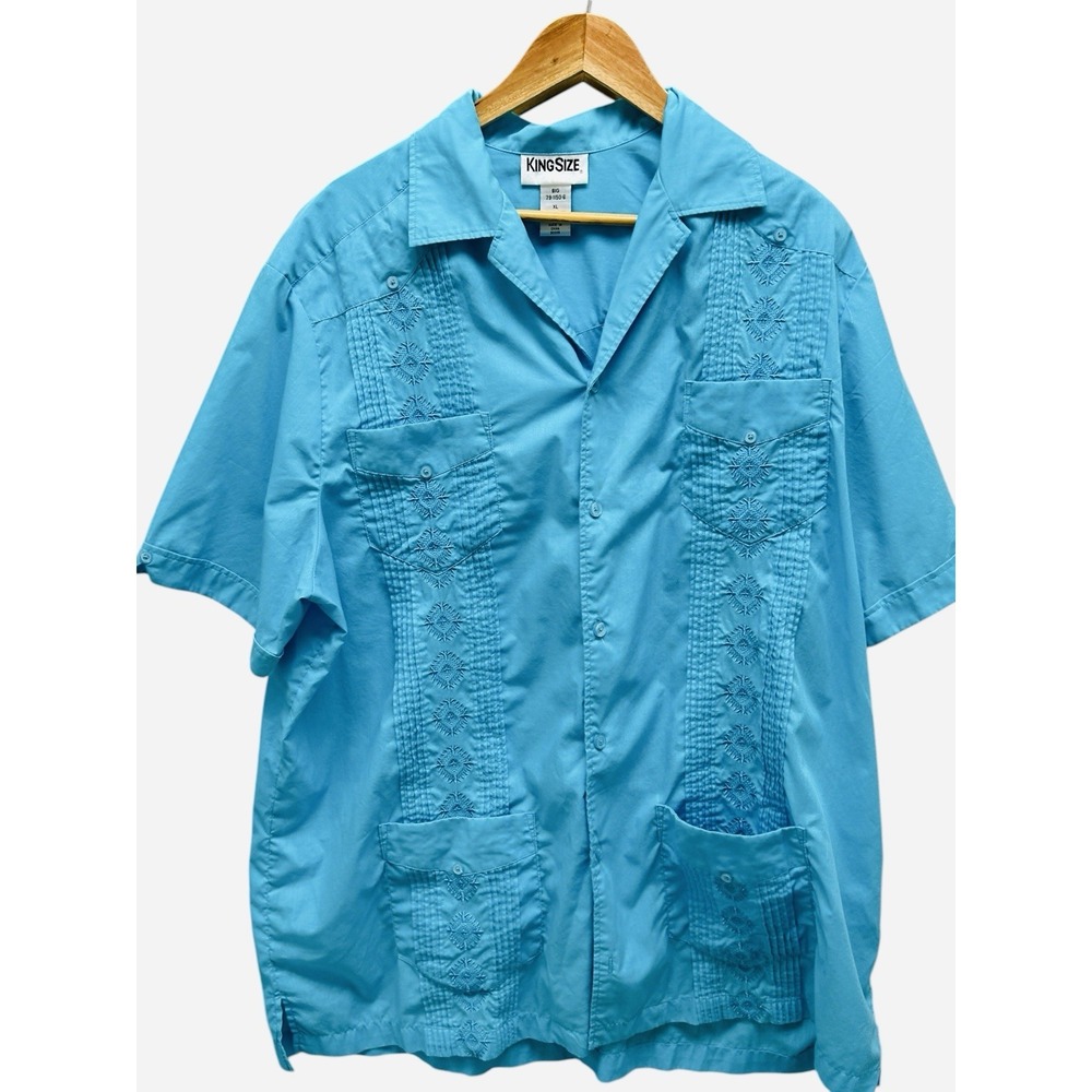 KingSize Mens Guayabera Shirt Short Sleeve Embroidered Blue‎ XL Big